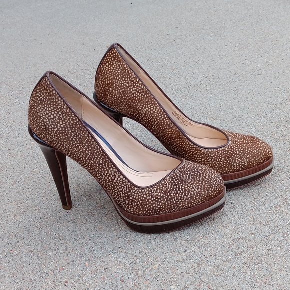Cole Haan Calf Hair Heels Brown Platform Pumps - Picture 1 of 12